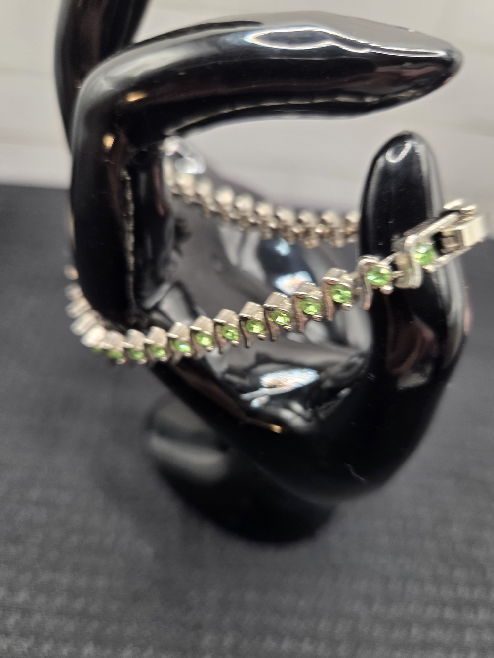 1238. Green Rhinestone Silver Tone Tennis Bracelet - Picture 4 of 5